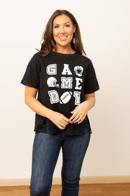 Shirt- 'Game Day' on Black Side Slit Crop Tee