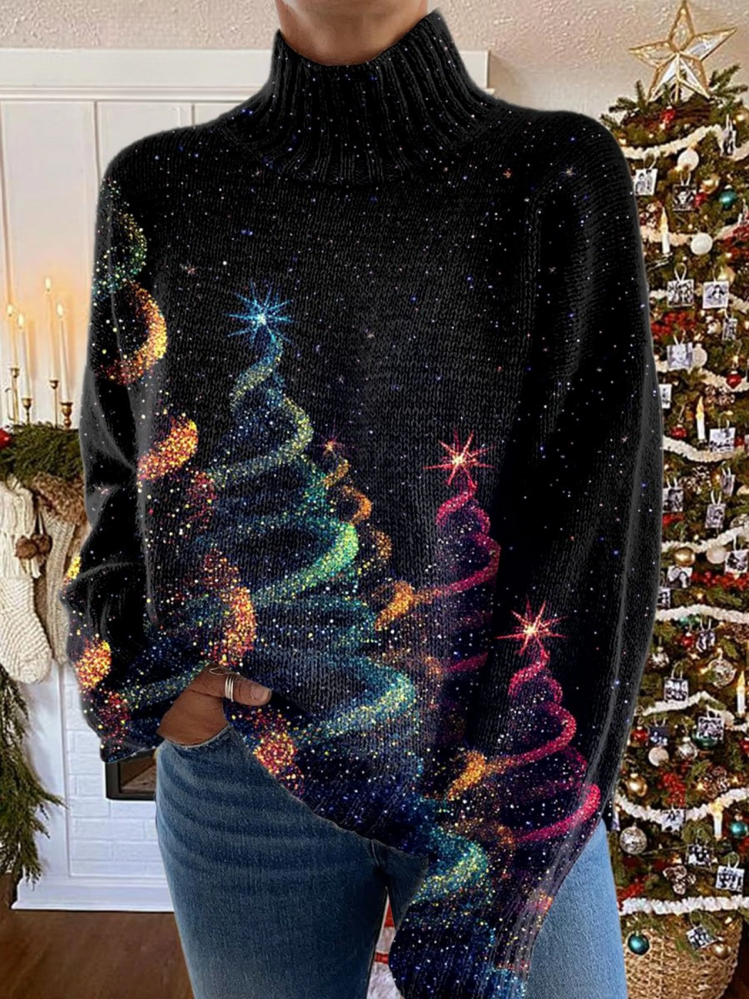 Carol | Chic Tree Print Turtleneck Christmas Sweater Women