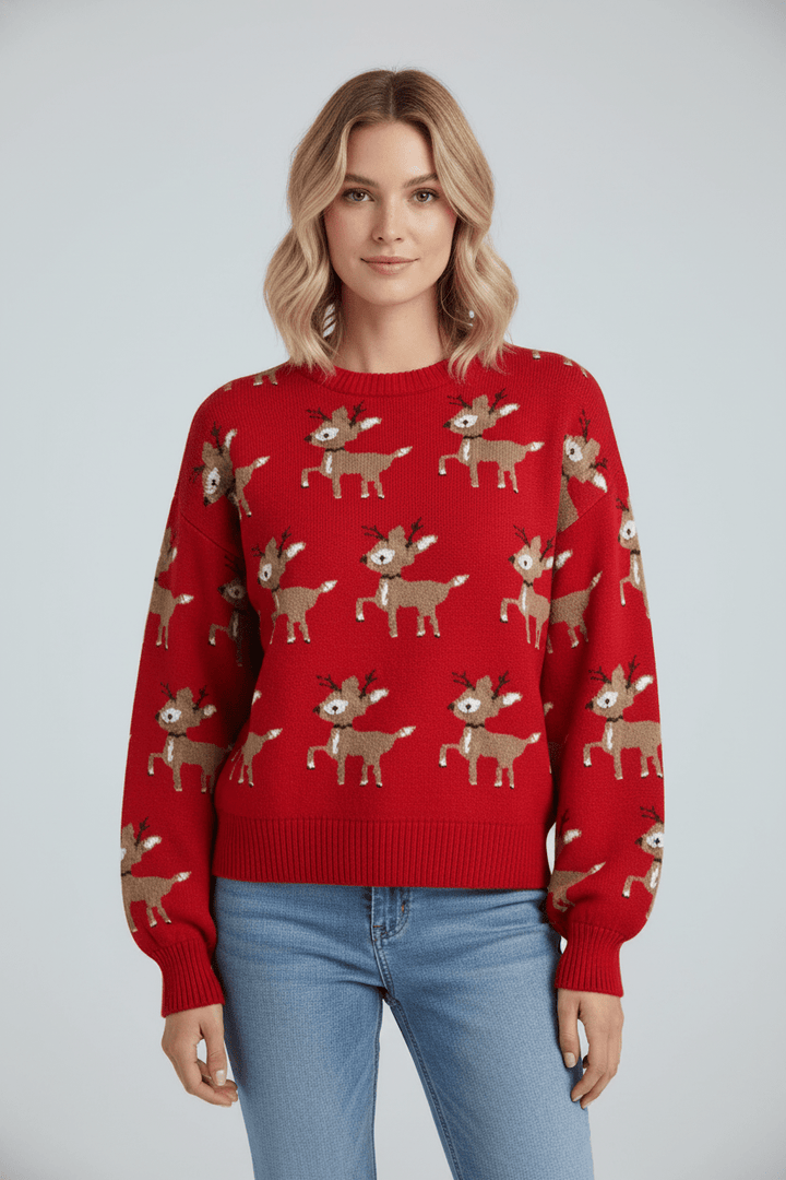 Carolyn | Oversized Reindeer Knit Christmas Sweater Women