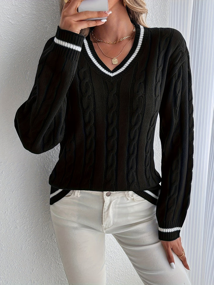 Christina | Classic Oversized V-Neck Chunky Cable Knit Sweater