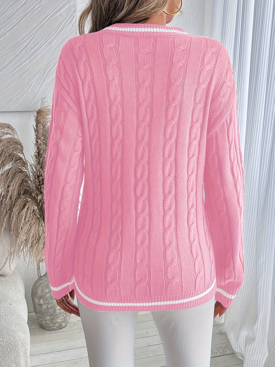 Christina | Classic Oversized V-Neck Chunky Cable Knit Sweater