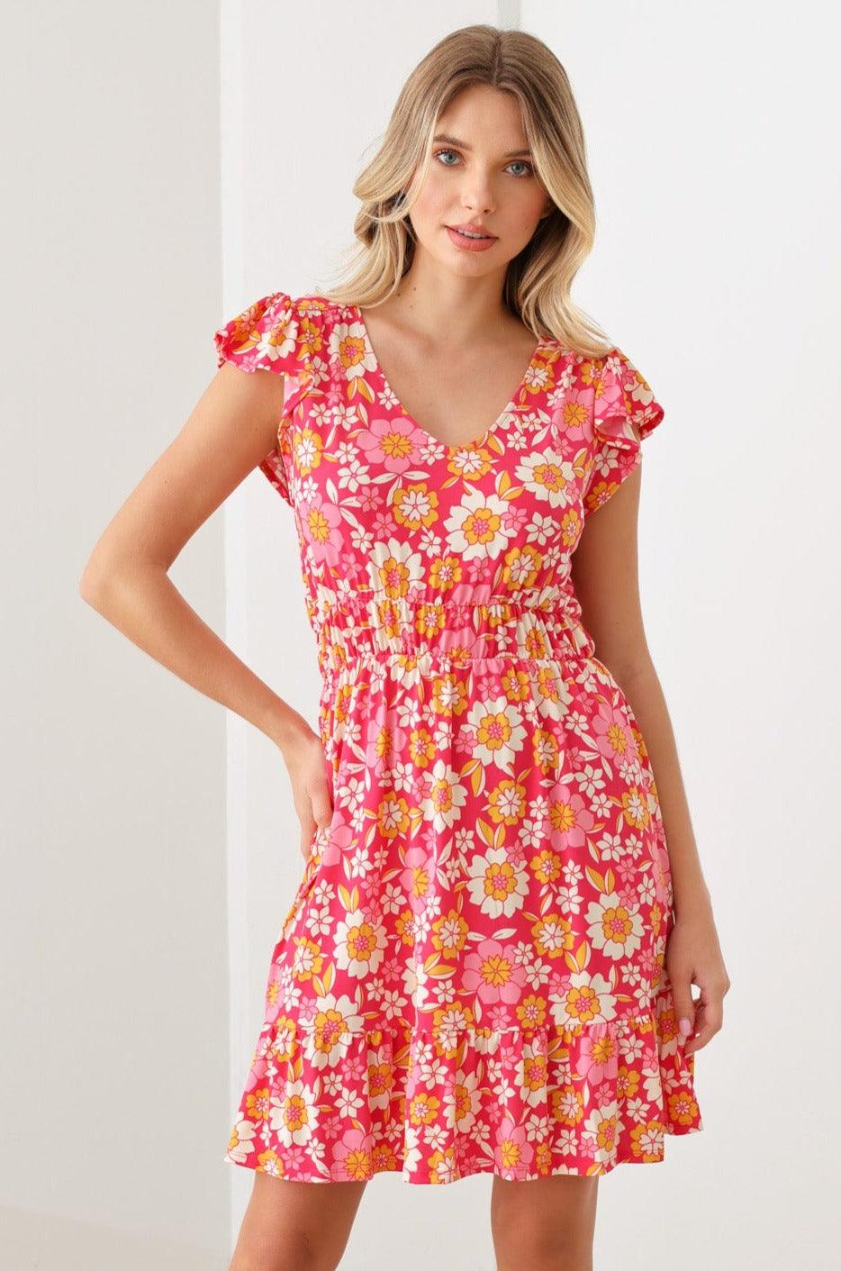 dress- Floral Print Ruffle Cap Sleeves Babydoll Mini Dress