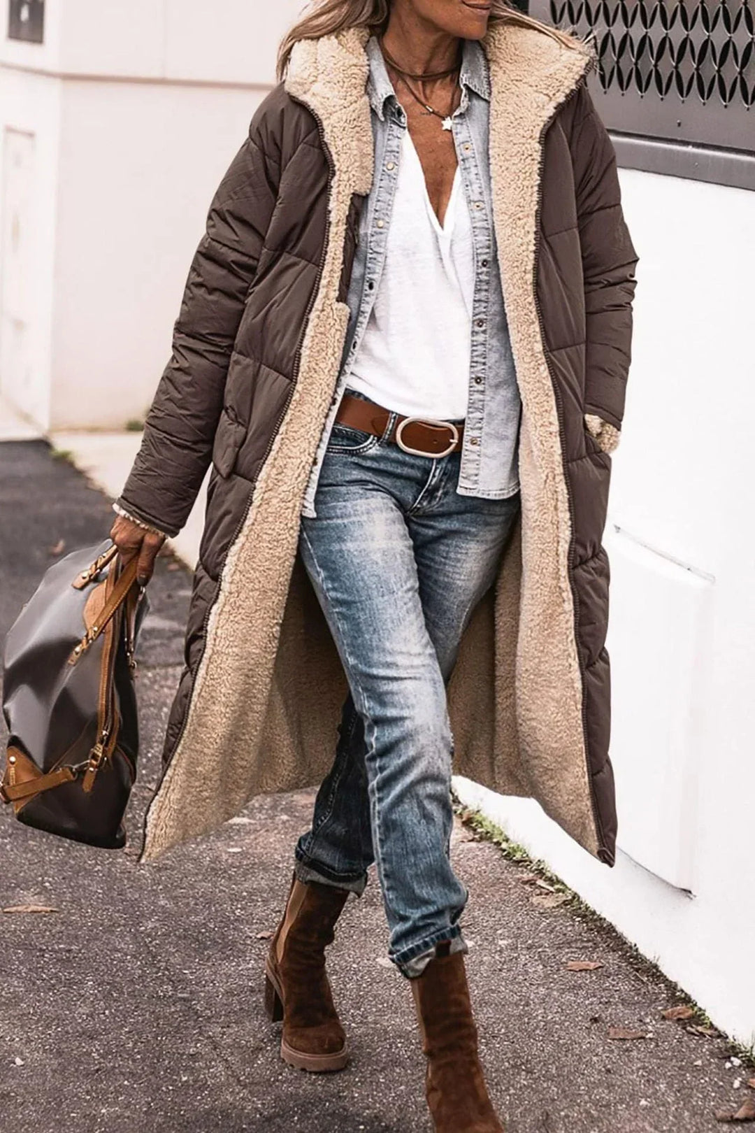 Debra | Long Quilted Hooded Sherpa Jacket Women