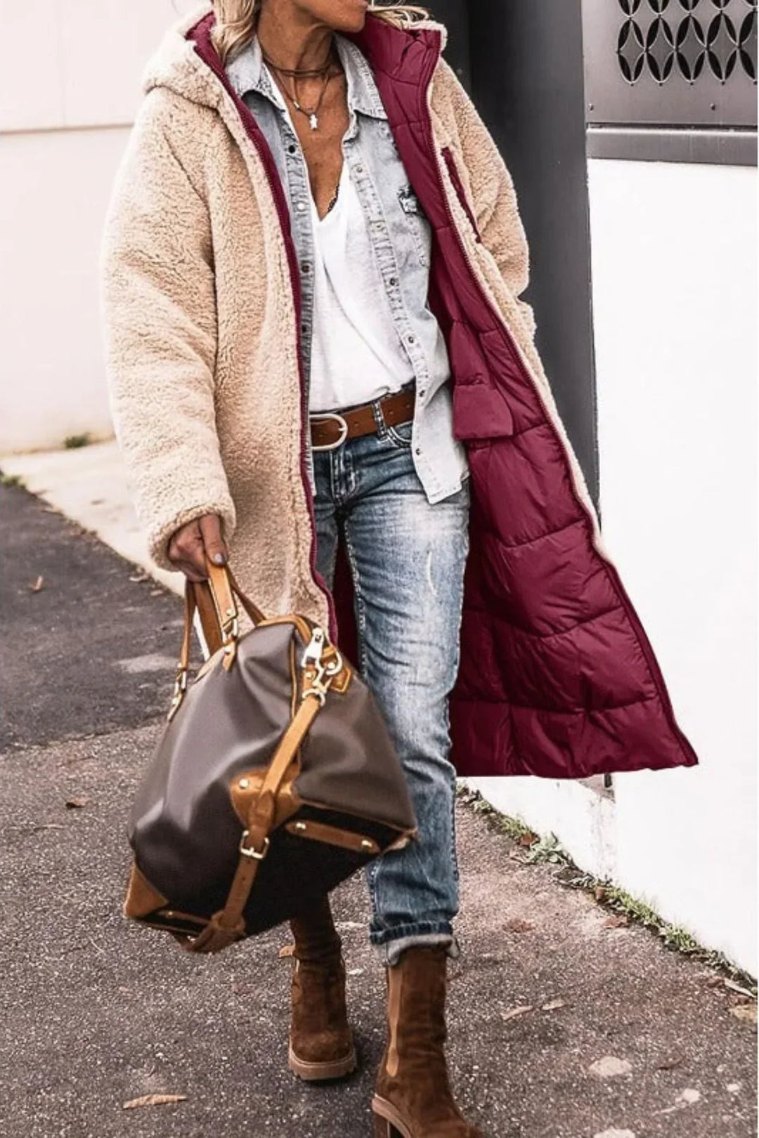Debra | Long Quilted Hooded Sherpa Jacket Women