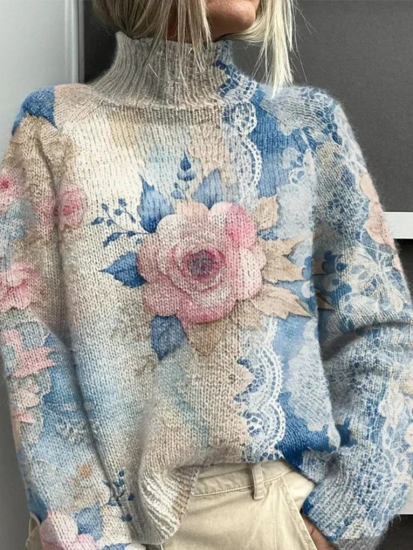 Diana | Timeless Floral Knit Turtleneck Sweater