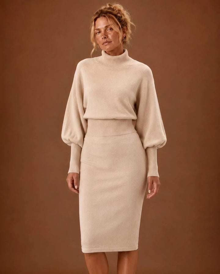 Emma | Graceful Balloon Sleeve Turtleneck Midi Sweater Dress