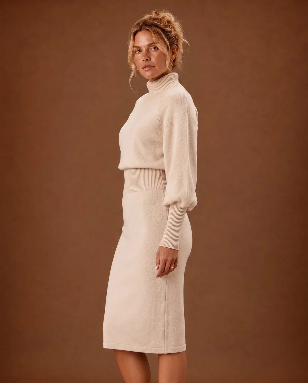 Emma | Graceful Balloon Sleeve Turtleneck Midi Sweater Dress