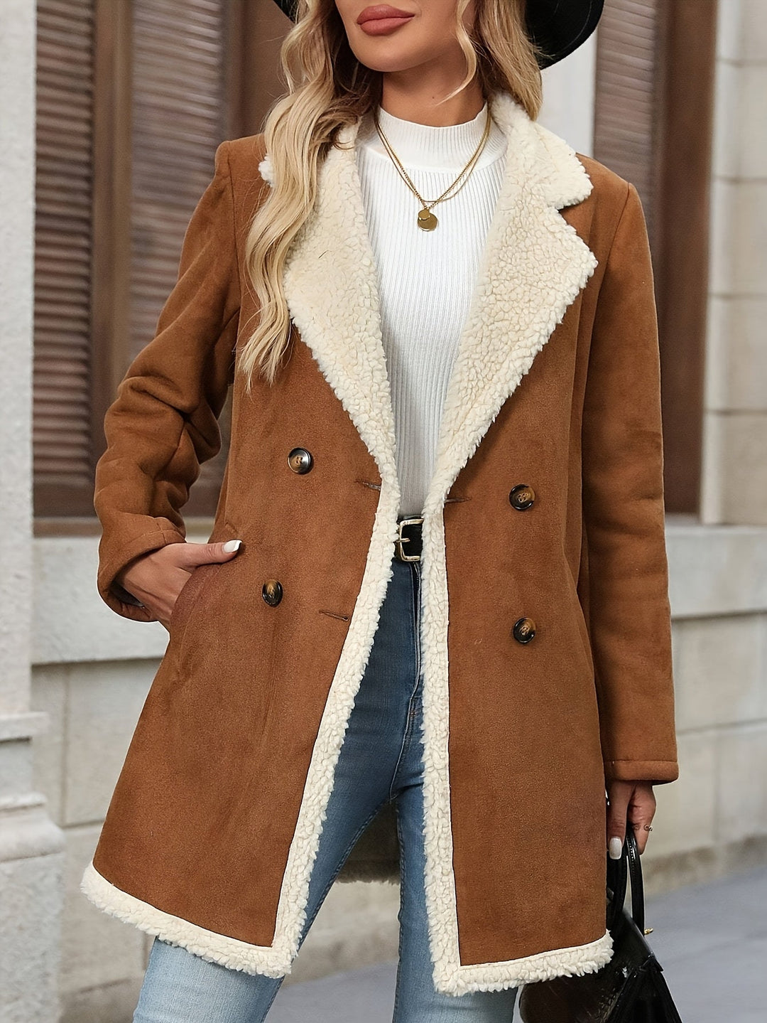 Evelyn | Stylish Double-Breasted Longline Sherpa Jacket Women
