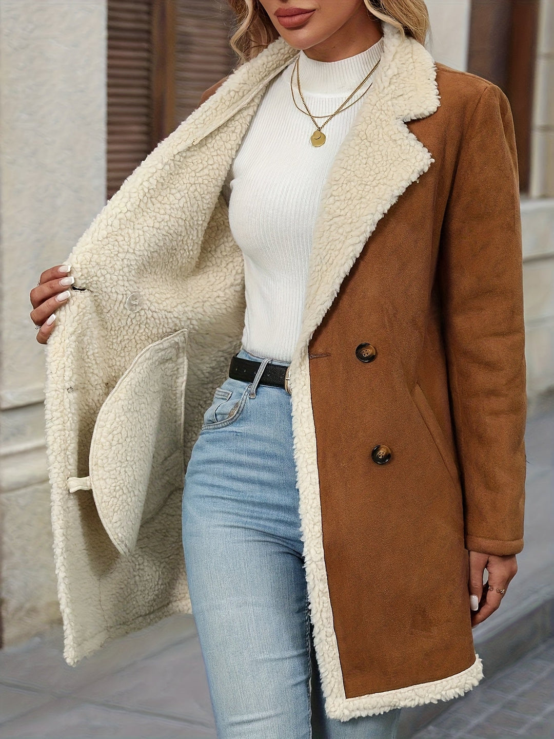 Evelyn | Stylish Double-Breasted Longline Sherpa Jacket Women