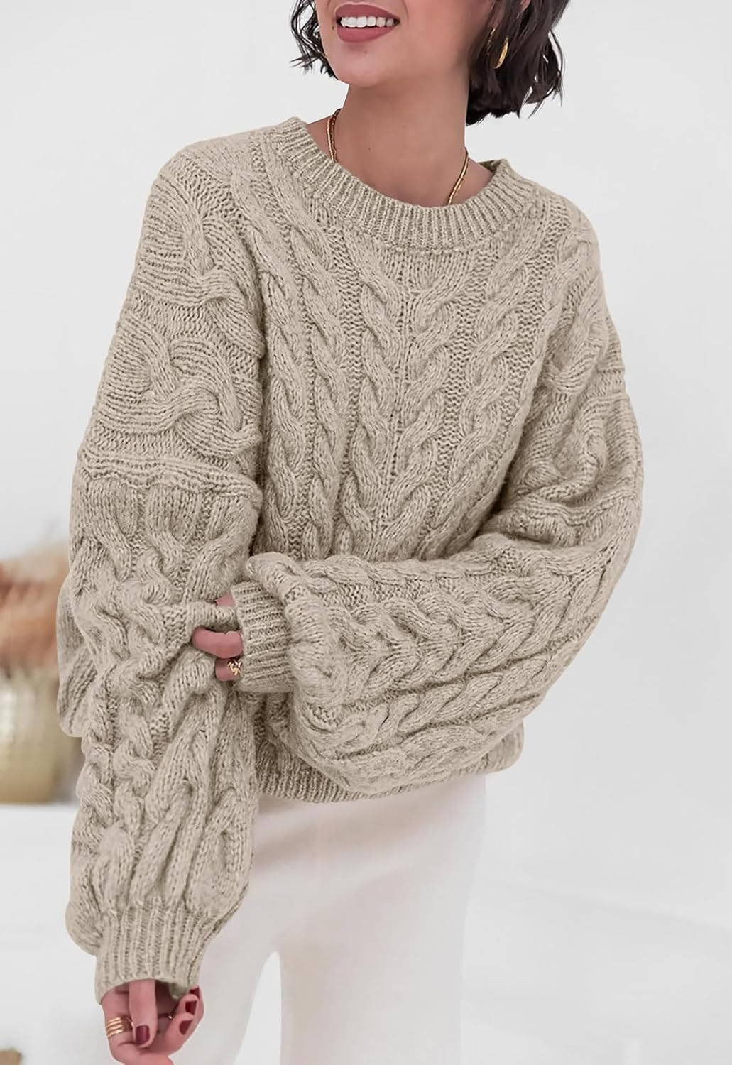 Frances | Chic Oversized Crewneck Chunky Cable Knit Sweater