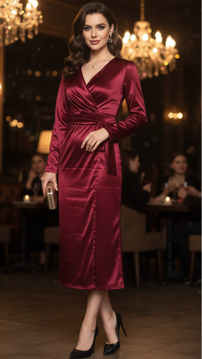 Gloria | Classic Long Sleeve Wrap Midi Christmas Dress