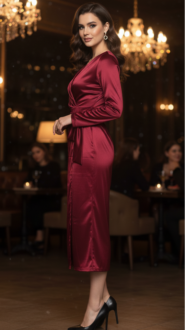 Gloria | Classic Long Sleeve Wrap Midi Christmas Dress