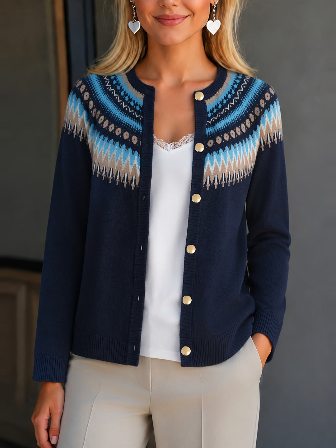 Gloria | Effortless Button-Front Fair Isle Cardigan Womens