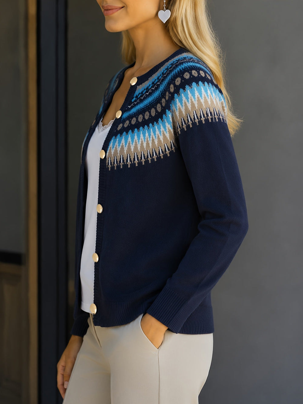Gloria | Effortless Button-Front Fair Isle Cardigan Womens
