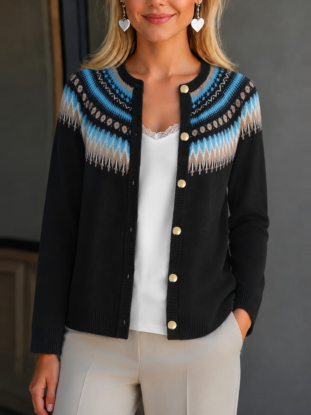 Gloria | Effortless Button-Front Fair Isle Cardigan Womens