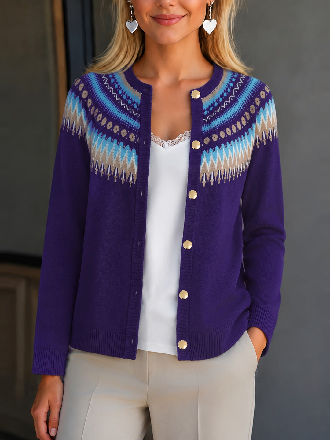 Gloria | Effortless Button-Front Fair Isle Cardigan Womens