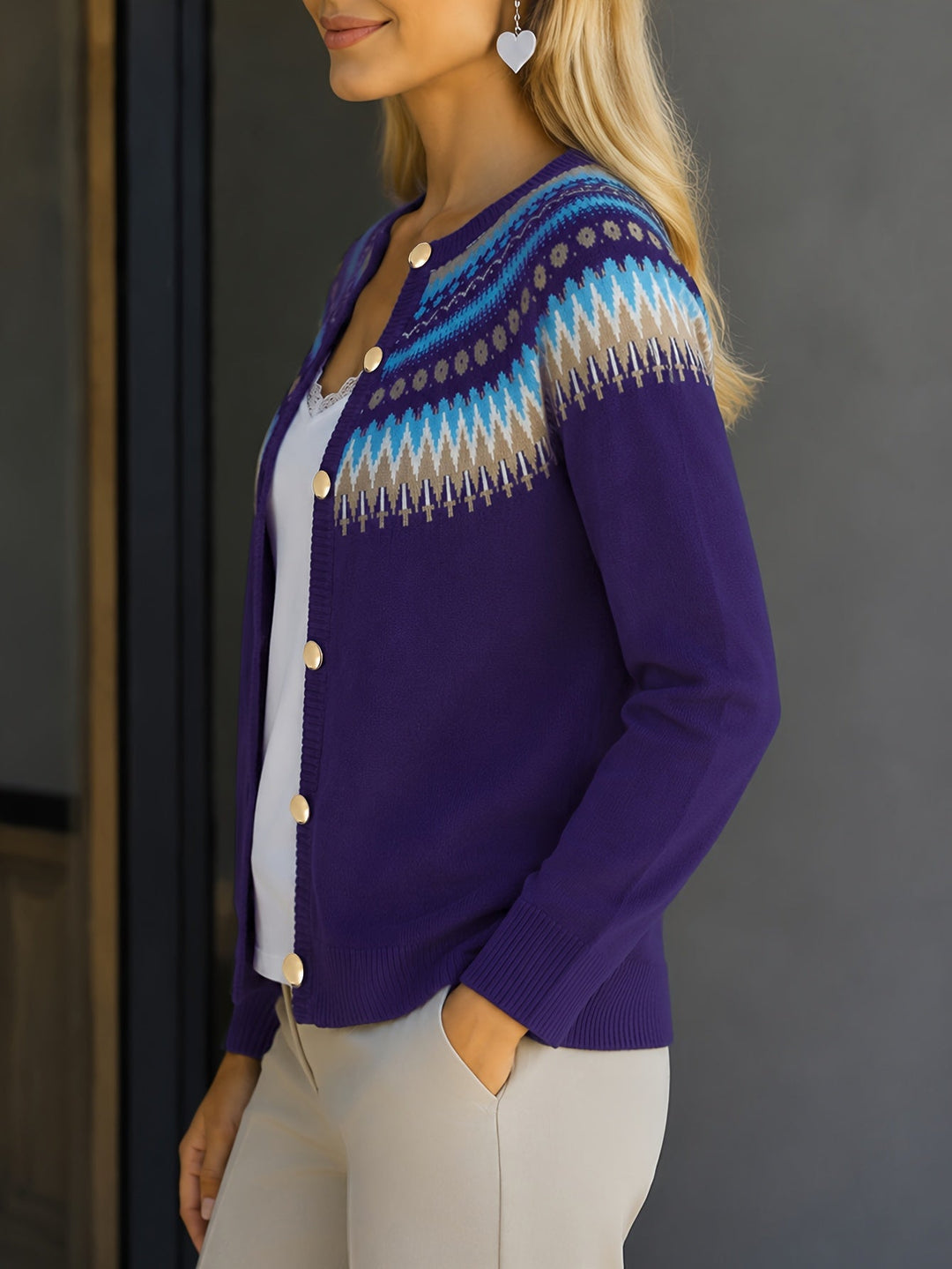 Gloria | Effortless Button-Front Fair Isle Cardigan Womens