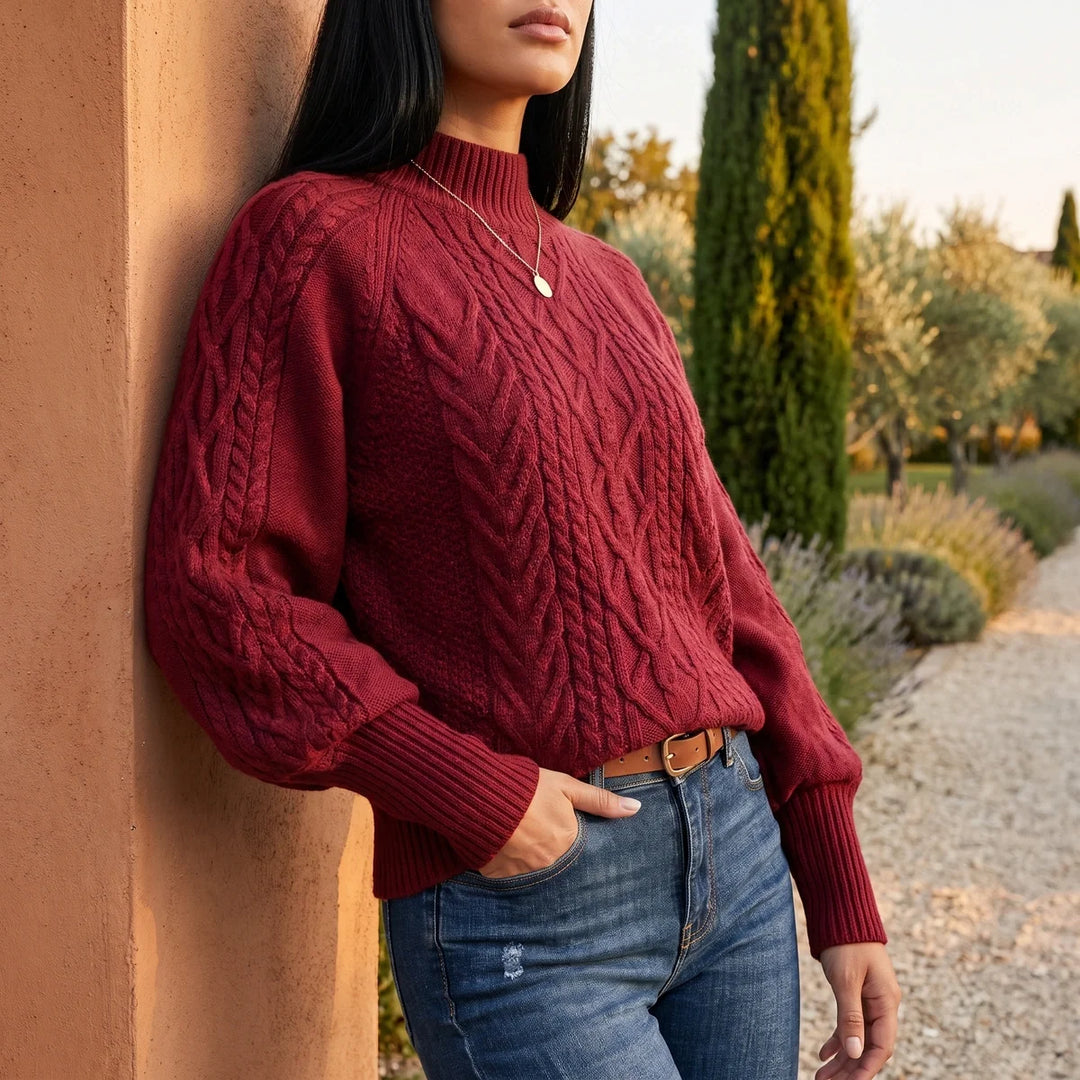 Grace | Balloon Sleeve Mock Neck Chunky Cable Knit Sweater