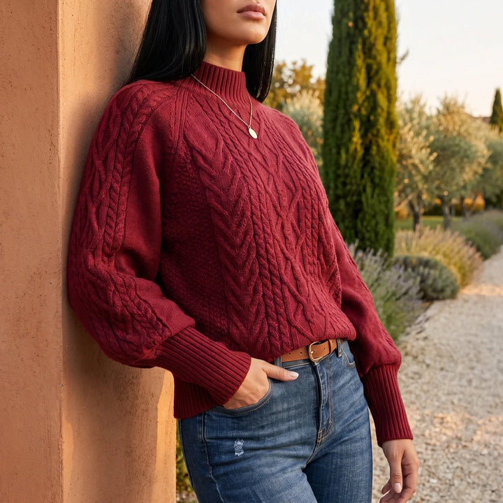 Grace | Balloon Sleeve Mock Neck Chunky Cable Knit Sweater