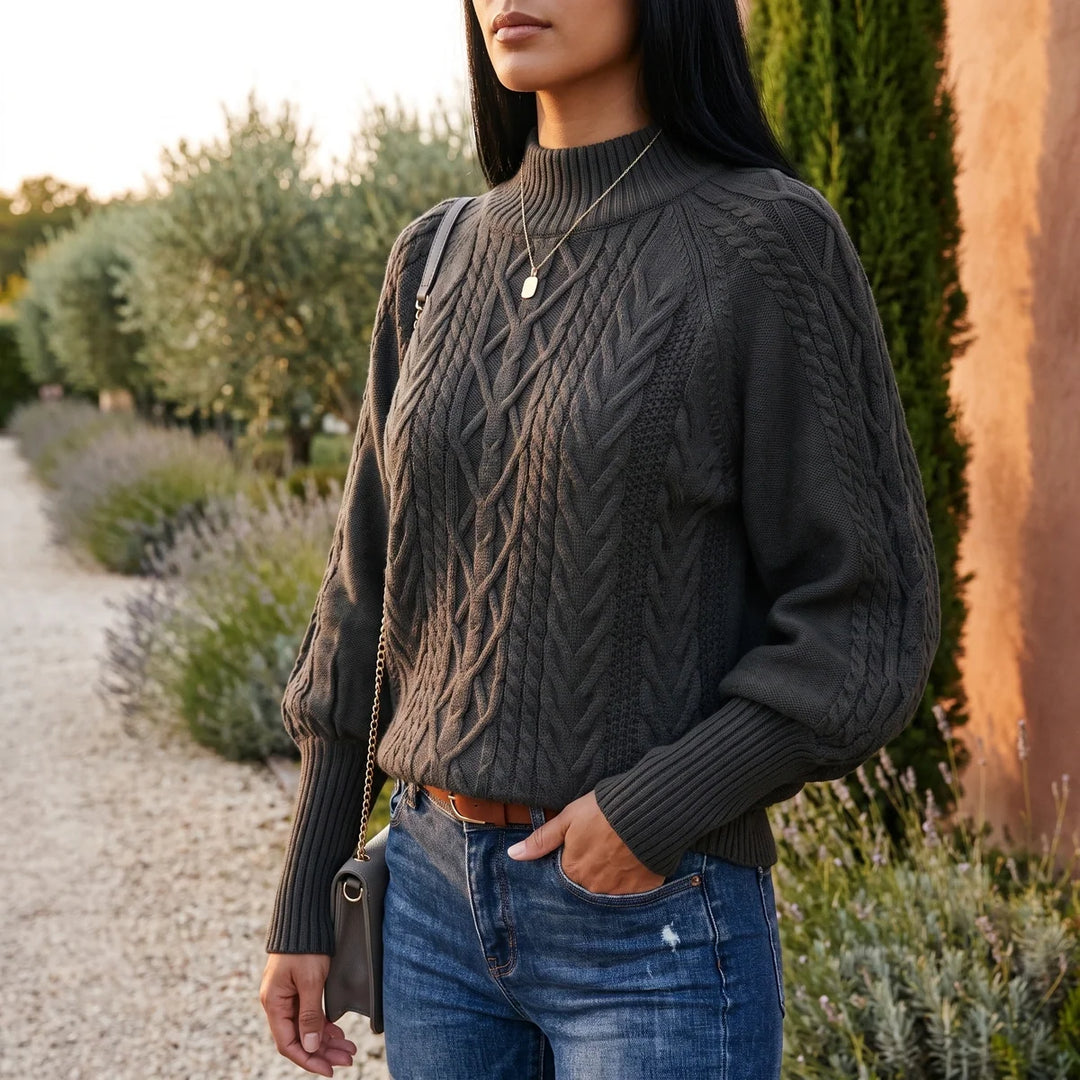 Grace | Balloon Sleeve Mock Neck Chunky Cable Knit Sweater