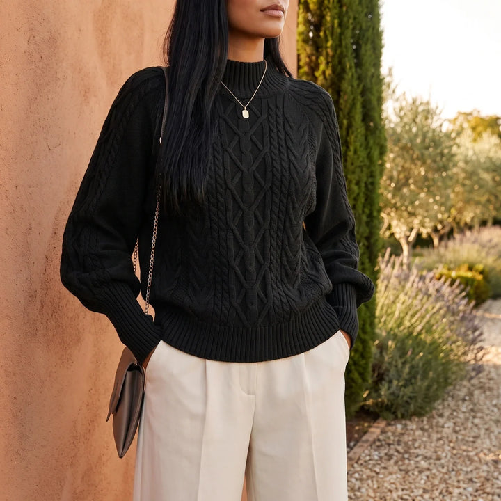 Grace | Balloon Sleeve Mock Neck Chunky Cable Knit Sweater