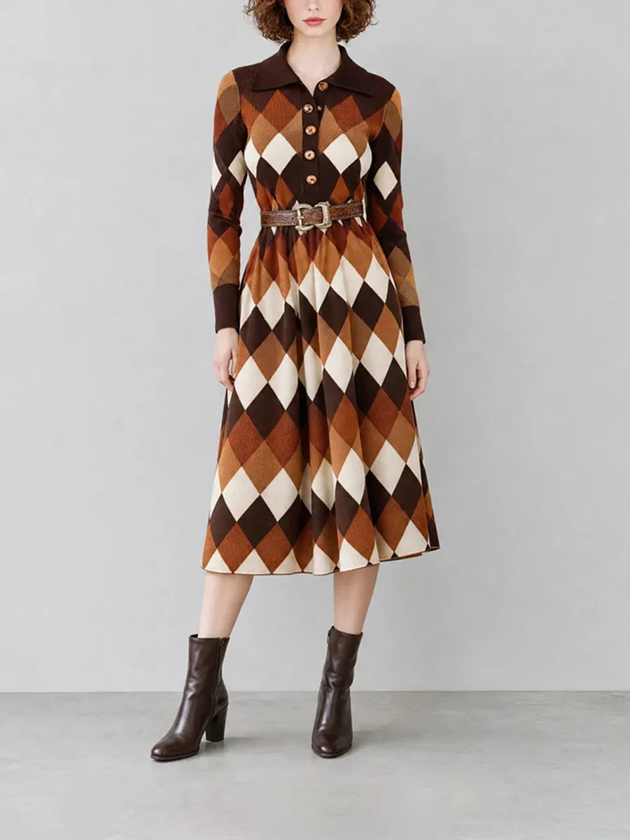 Grace | Classic Argyle Belted Midi Sweater Dress