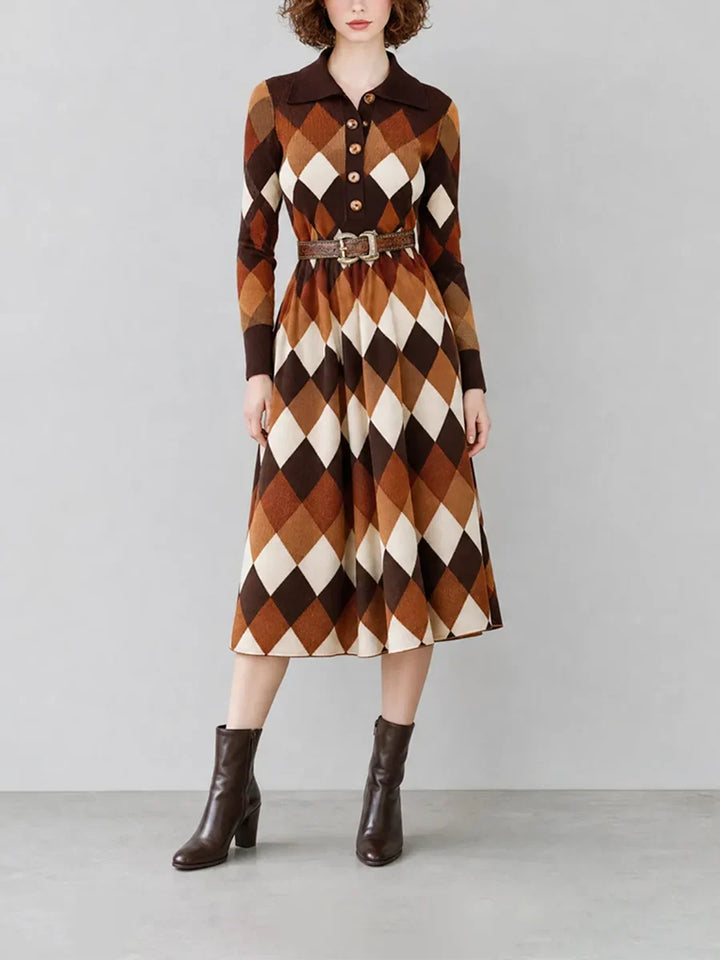 Grace | Classic Argyle Belted Midi Sweater Dress