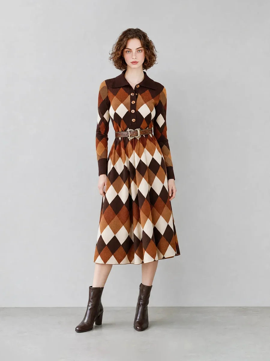 Grace | Classic Argyle Belted Midi Sweater Dress