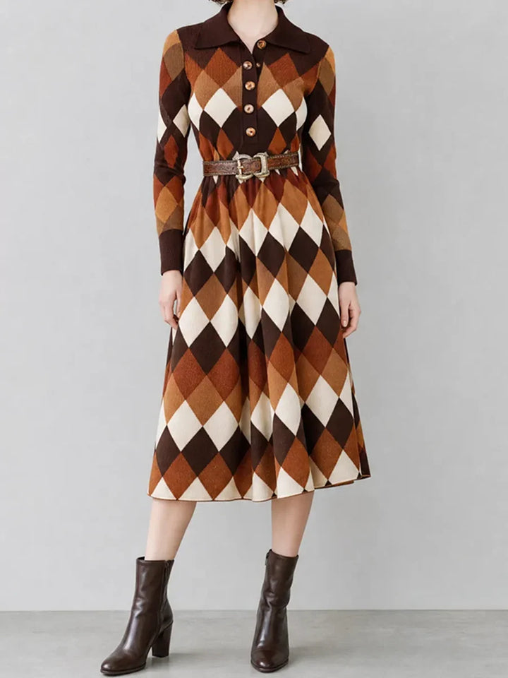Grace | Classic Argyle Belted Midi Sweater Dress
