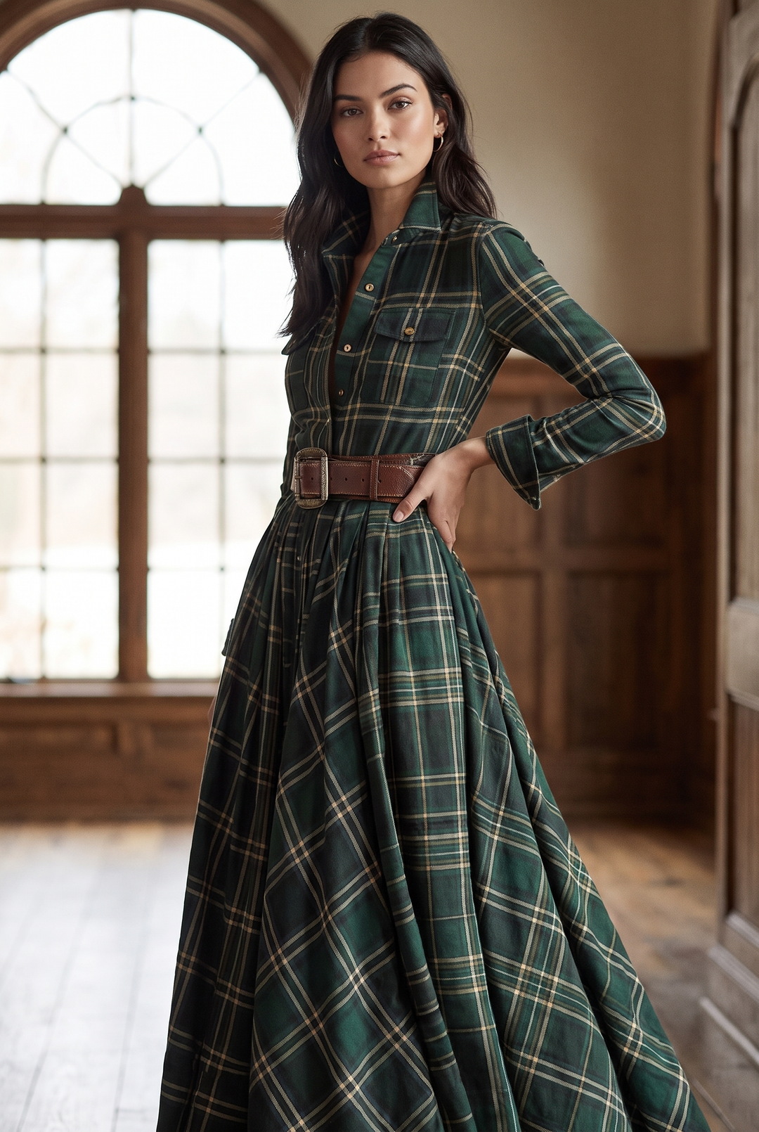 Janet | Belted Plaid Long Sleeve Maxi Christmas Dress