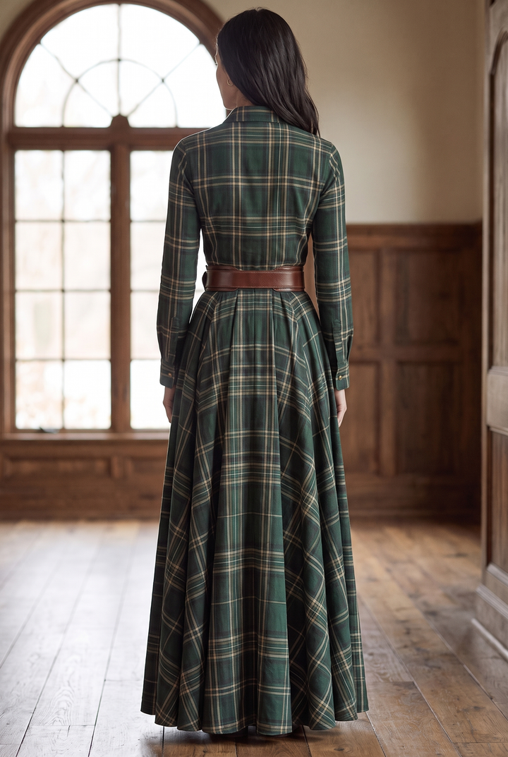 Janet | Belted Plaid Long Sleeve Maxi Christmas Dress