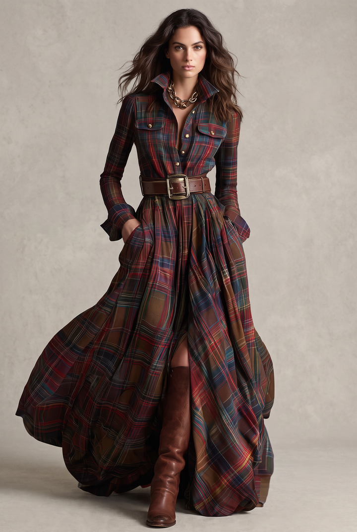 Janet | Belted Plaid Long Sleeve Maxi Christmas Dress