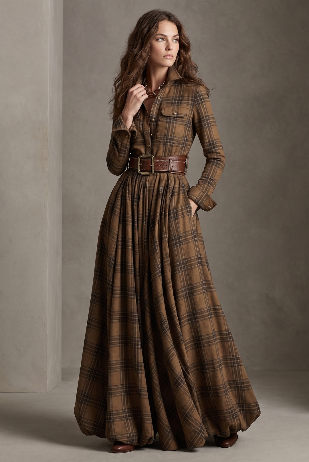 Janet | Belted Plaid Long Sleeve Maxi Christmas Dress