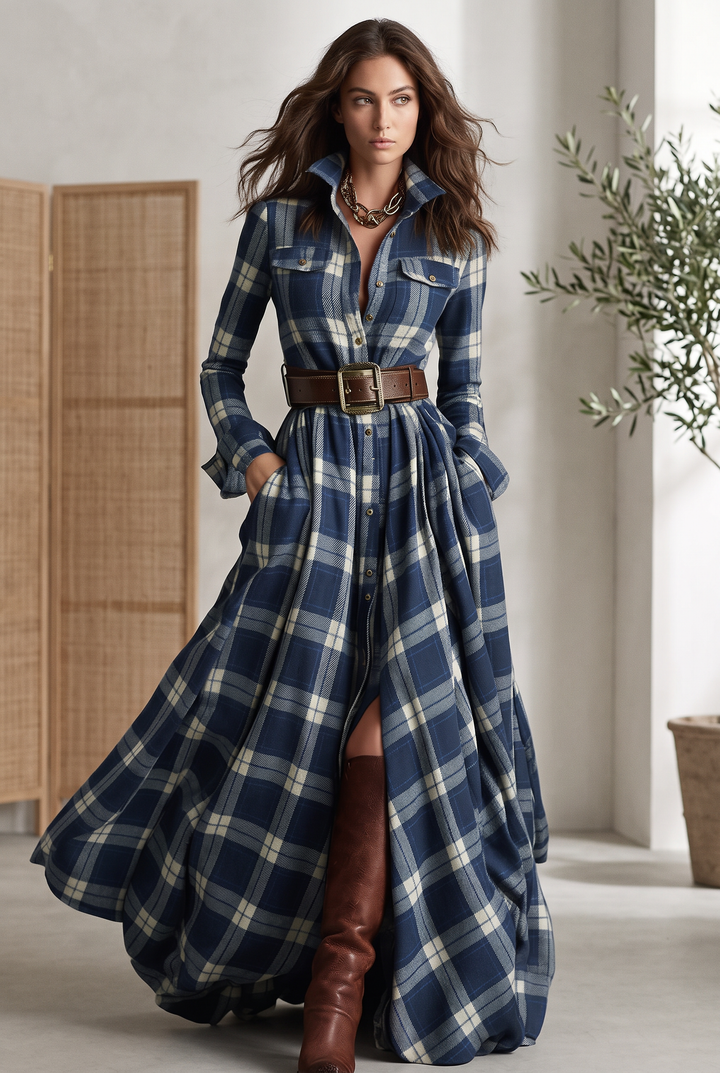 Janet | Belted Plaid Long Sleeve Maxi Christmas Dress
