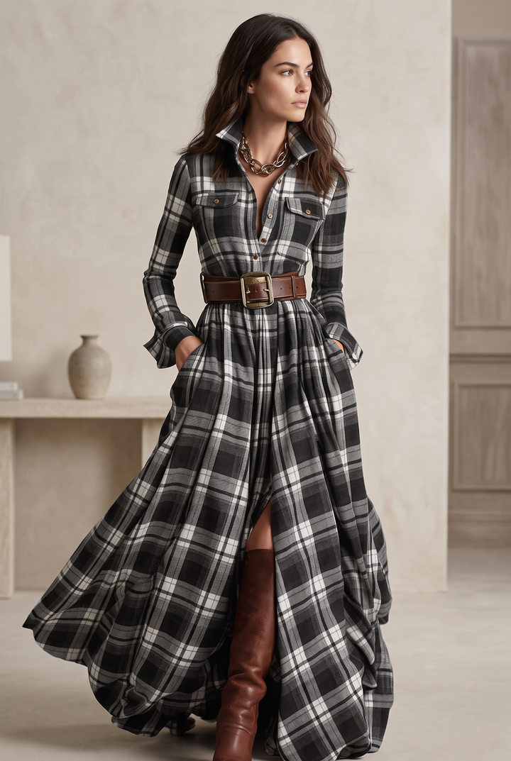 Janet | Belted Plaid Long Sleeve Maxi Christmas Dress