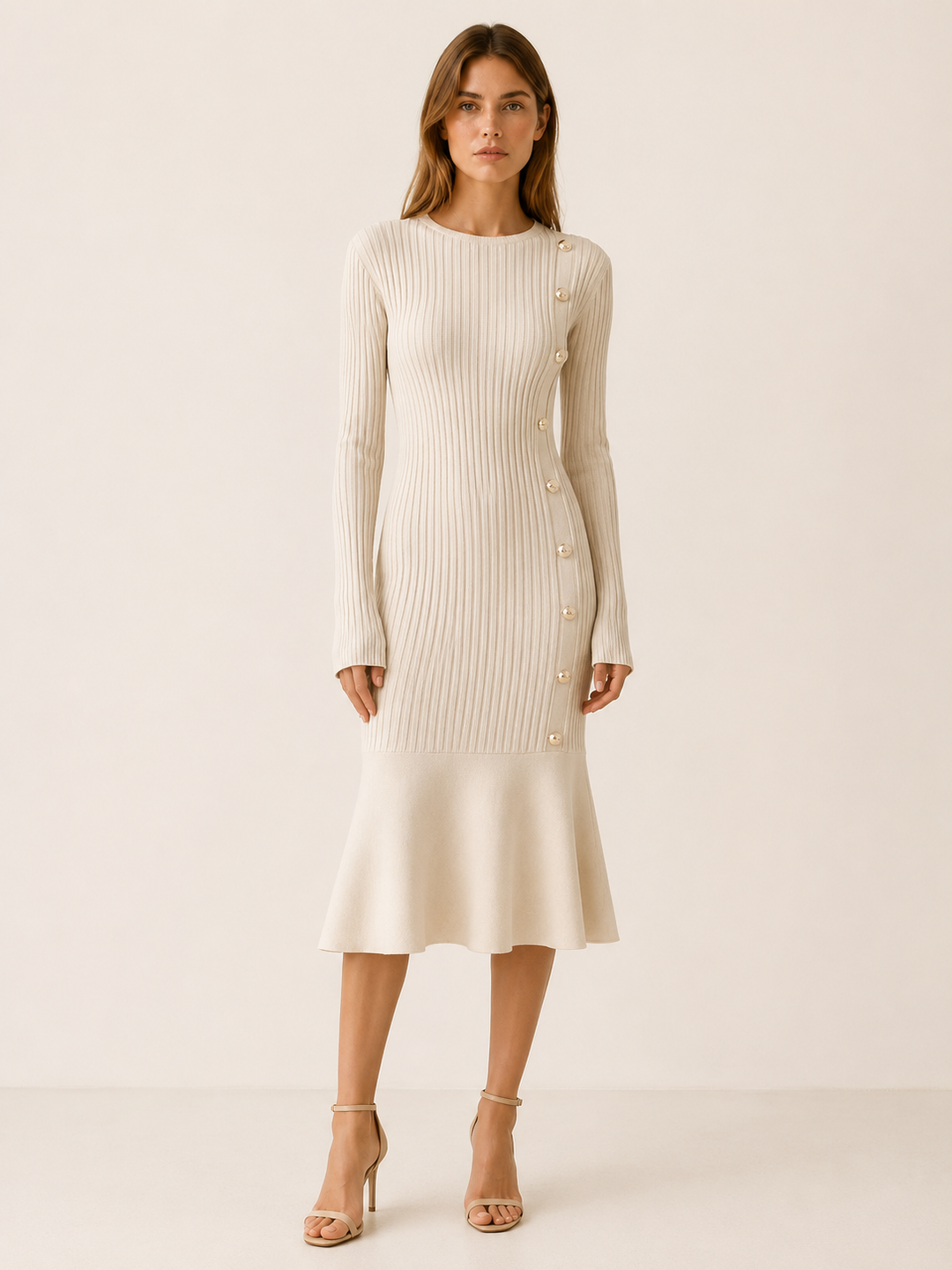 Julia | Chic Ribbed Long Sleeve Midi Sweater Dress