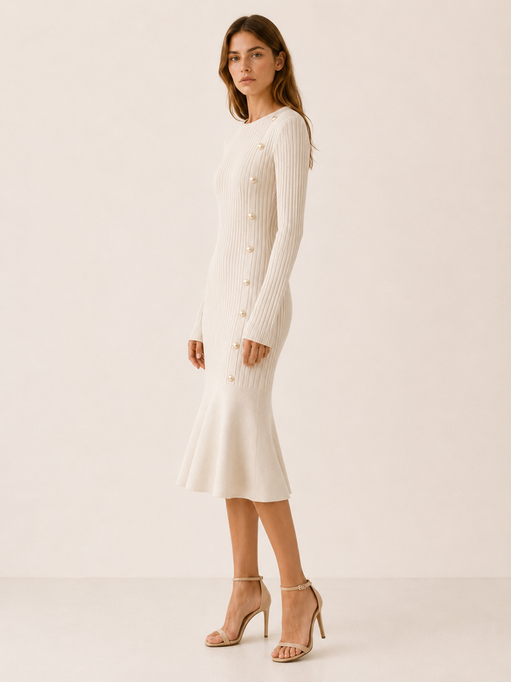 Julia | Chic Ribbed Long Sleeve Midi Sweater Dress
