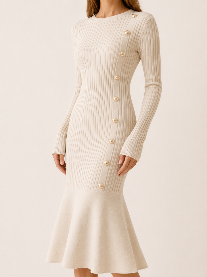 Julia | Chic Ribbed Long Sleeve Midi Sweater Dress