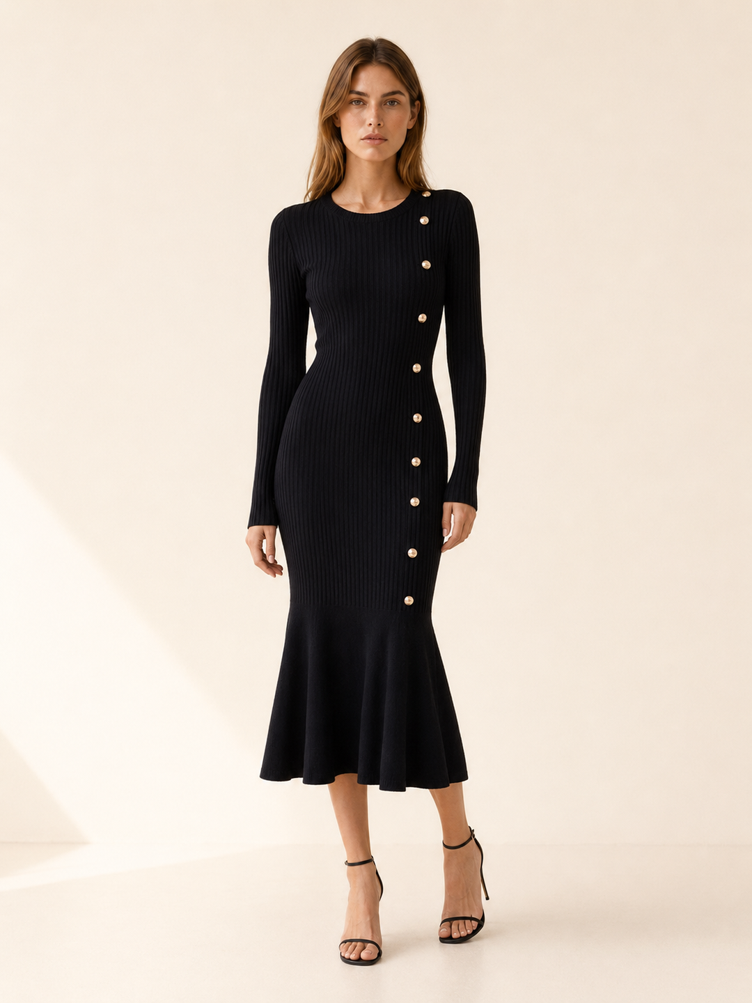 Julia | Chic Ribbed Long Sleeve Midi Sweater Dress
