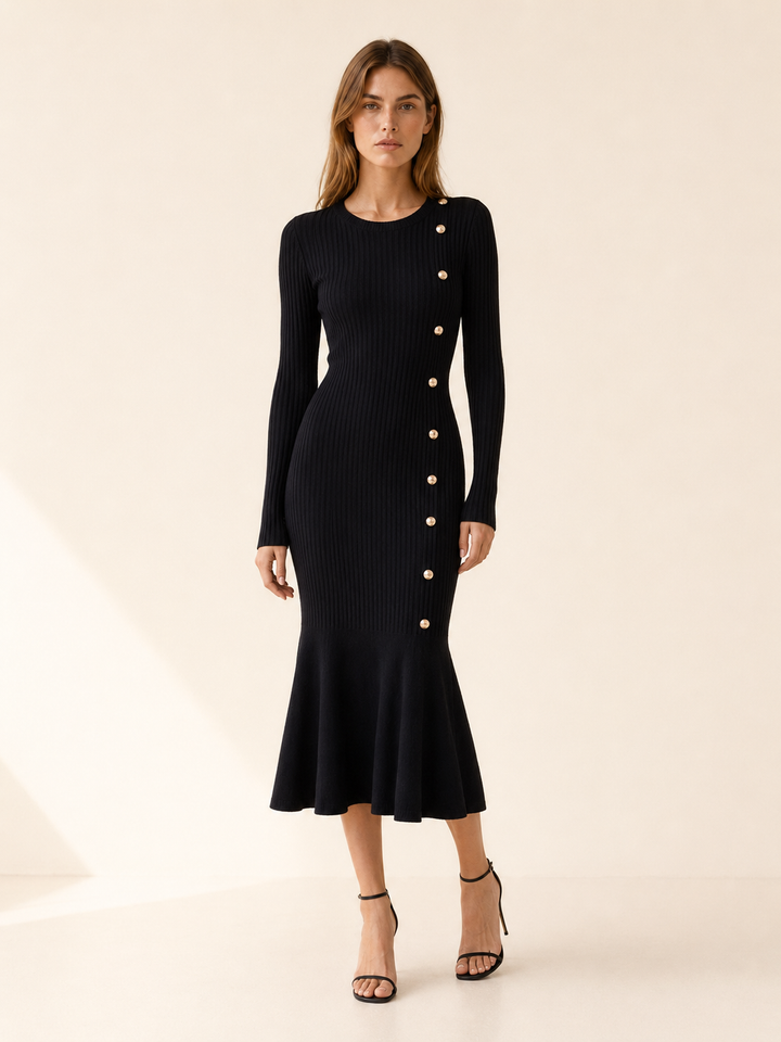Julia | Chic Ribbed Long Sleeve Midi Sweater Dress