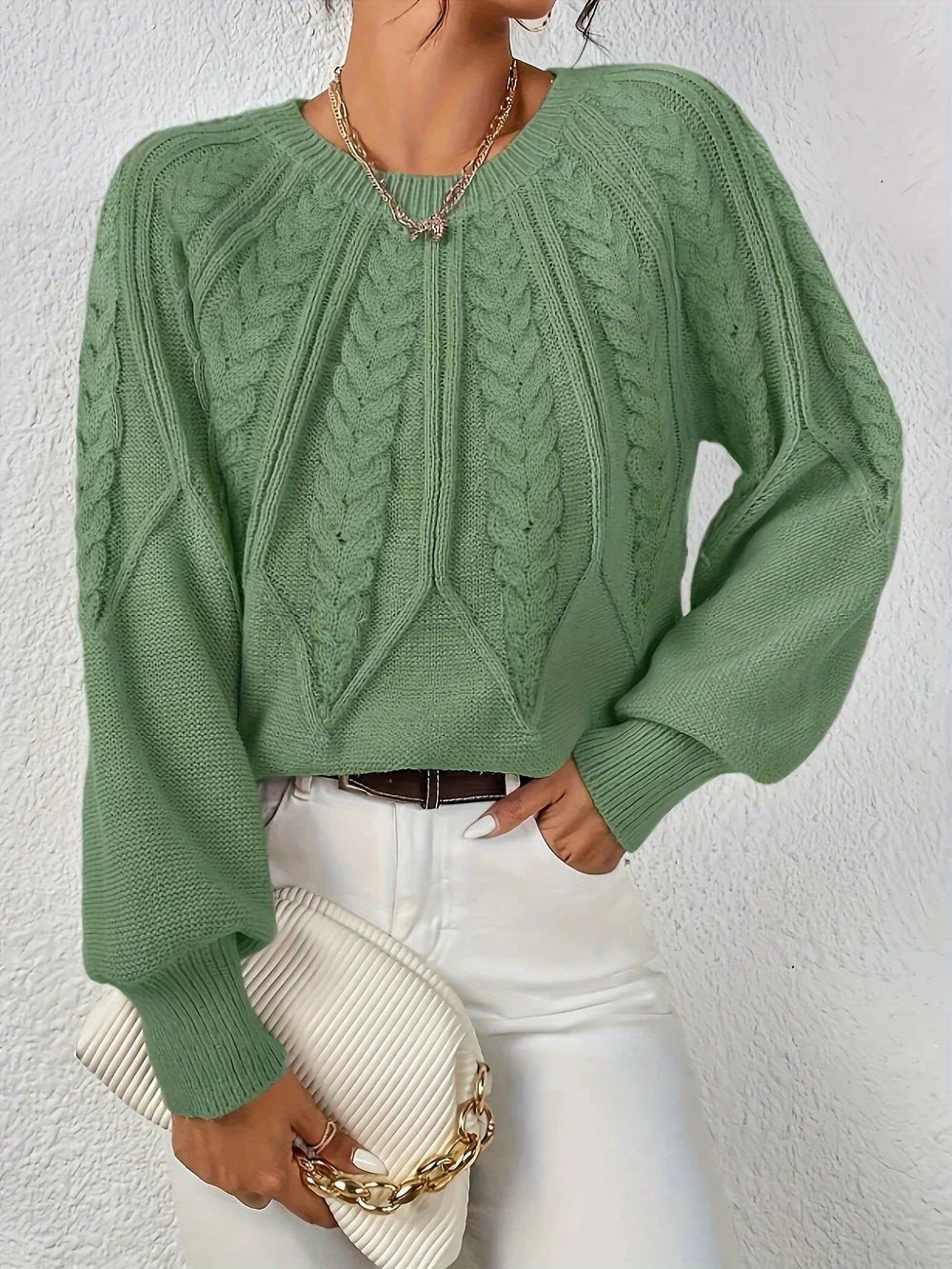 Katherine | Polished Balloon Sleeve Chunky Cable Knit Sweater