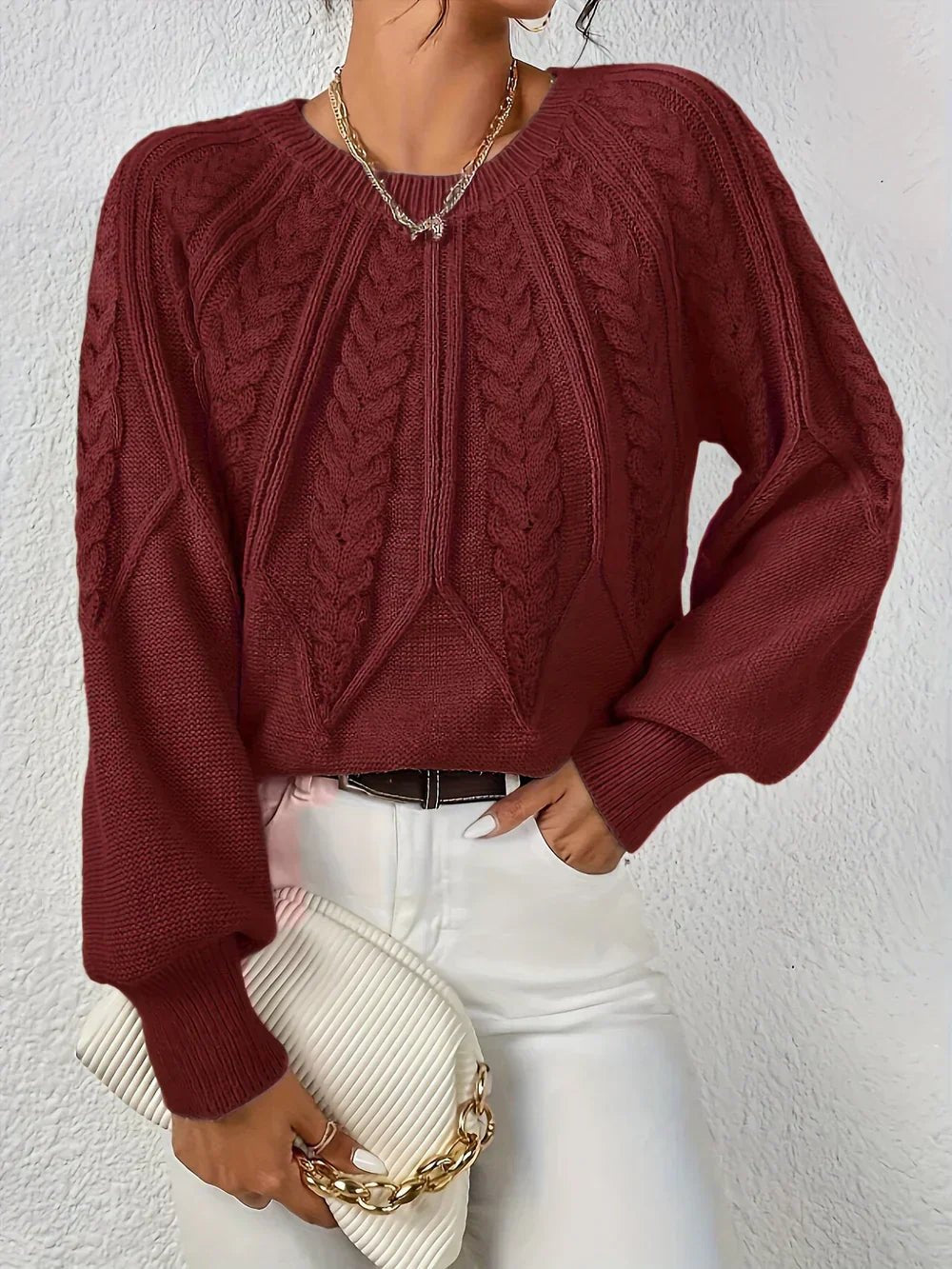 Katherine | Polished Balloon Sleeve Chunky Cable Knit Sweater