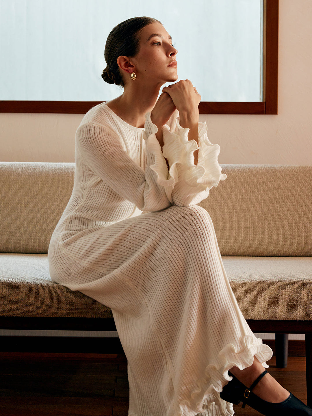Kathleen | Cozy Ribbed Ruffle Long Sleeve Maxi Sweater Dress