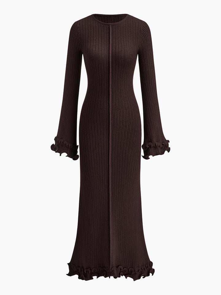 Kathleen | Cozy Ribbed Ruffle Long Sleeve Maxi Sweater Dress