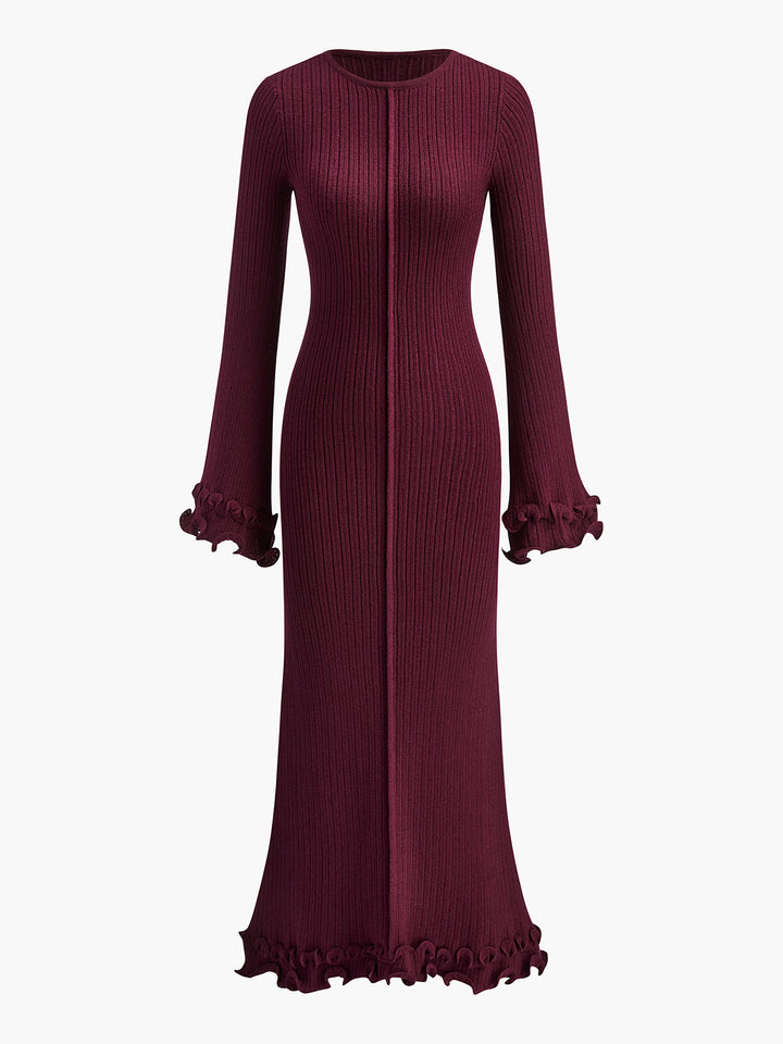 Kathleen | Cozy Ribbed Ruffle Long Sleeve Maxi Sweater Dress