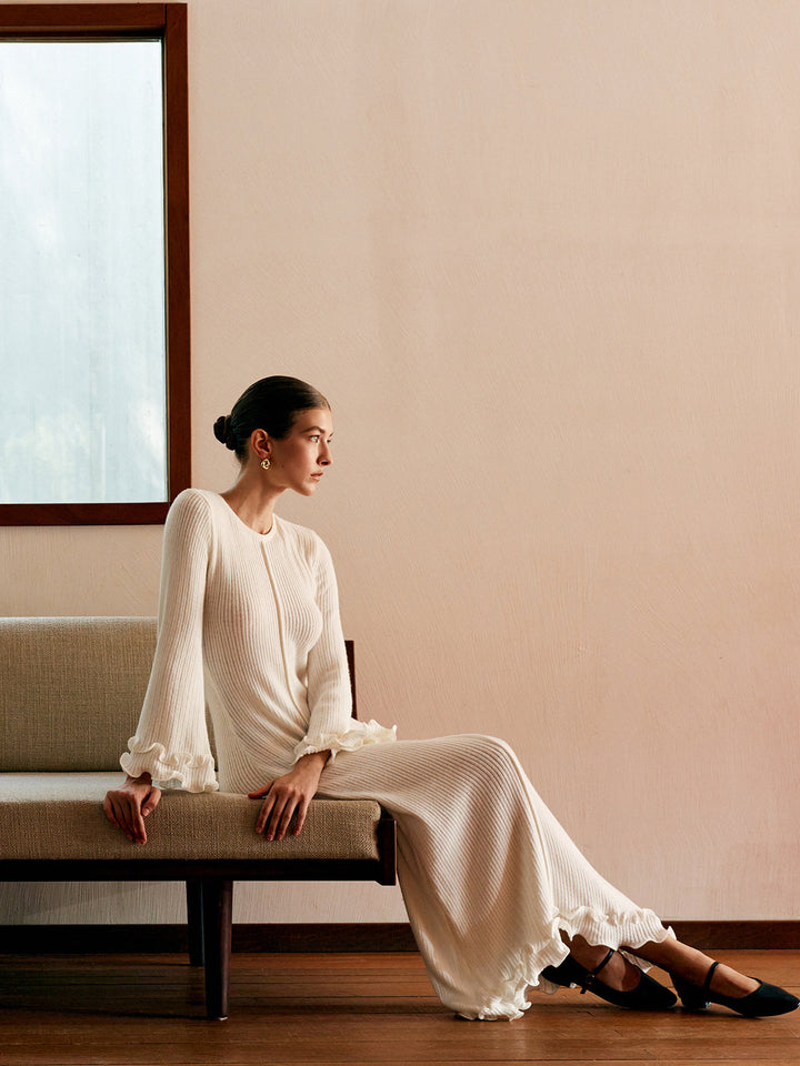 Kathleen | Cozy Ribbed Ruffle Long Sleeve Maxi Sweater Dress