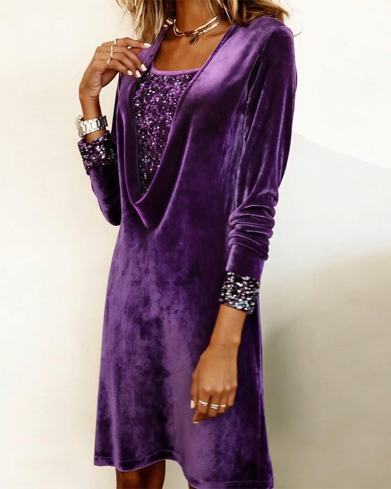 Kathleen | Sophisticated Long Sleeve Knee-Length Sequin Christmas Dress