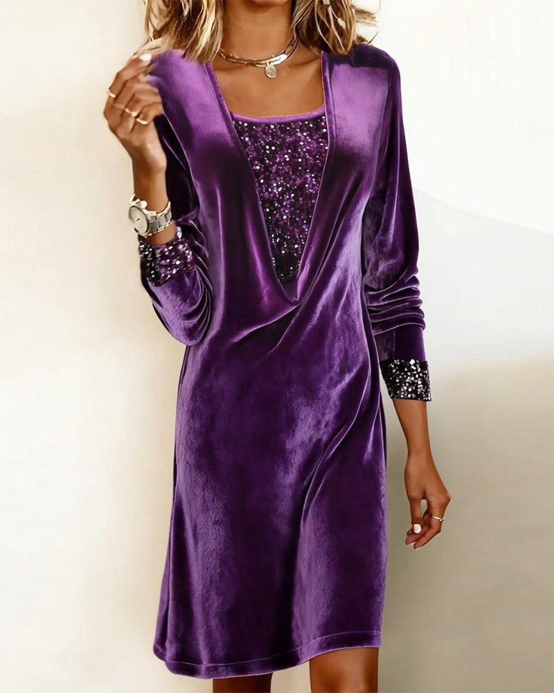 Kathleen | Sophisticated Long Sleeve Knee-Length Sequin Christmas Dress