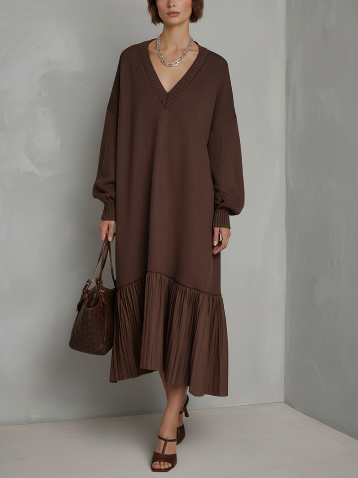Kelly | Timeless V-Neck Pleated Hem Midi Sweater Dress