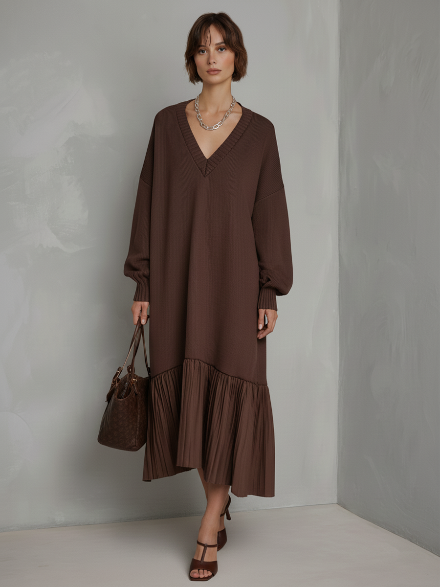 Kelly | Timeless V-Neck Pleated Hem Midi Sweater Dress